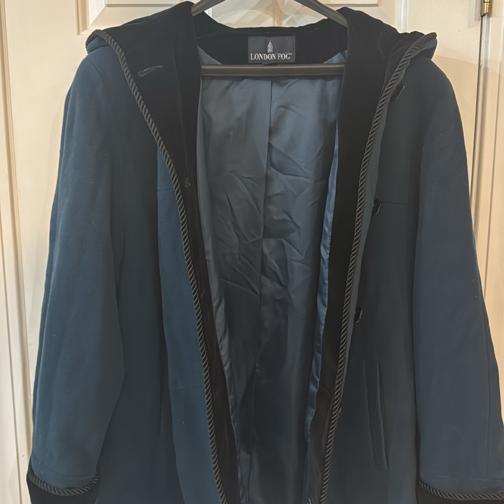 London Fog Teal Green Jacket Velvet Cuffs Cloaked Hood XL Classic Wool Coat